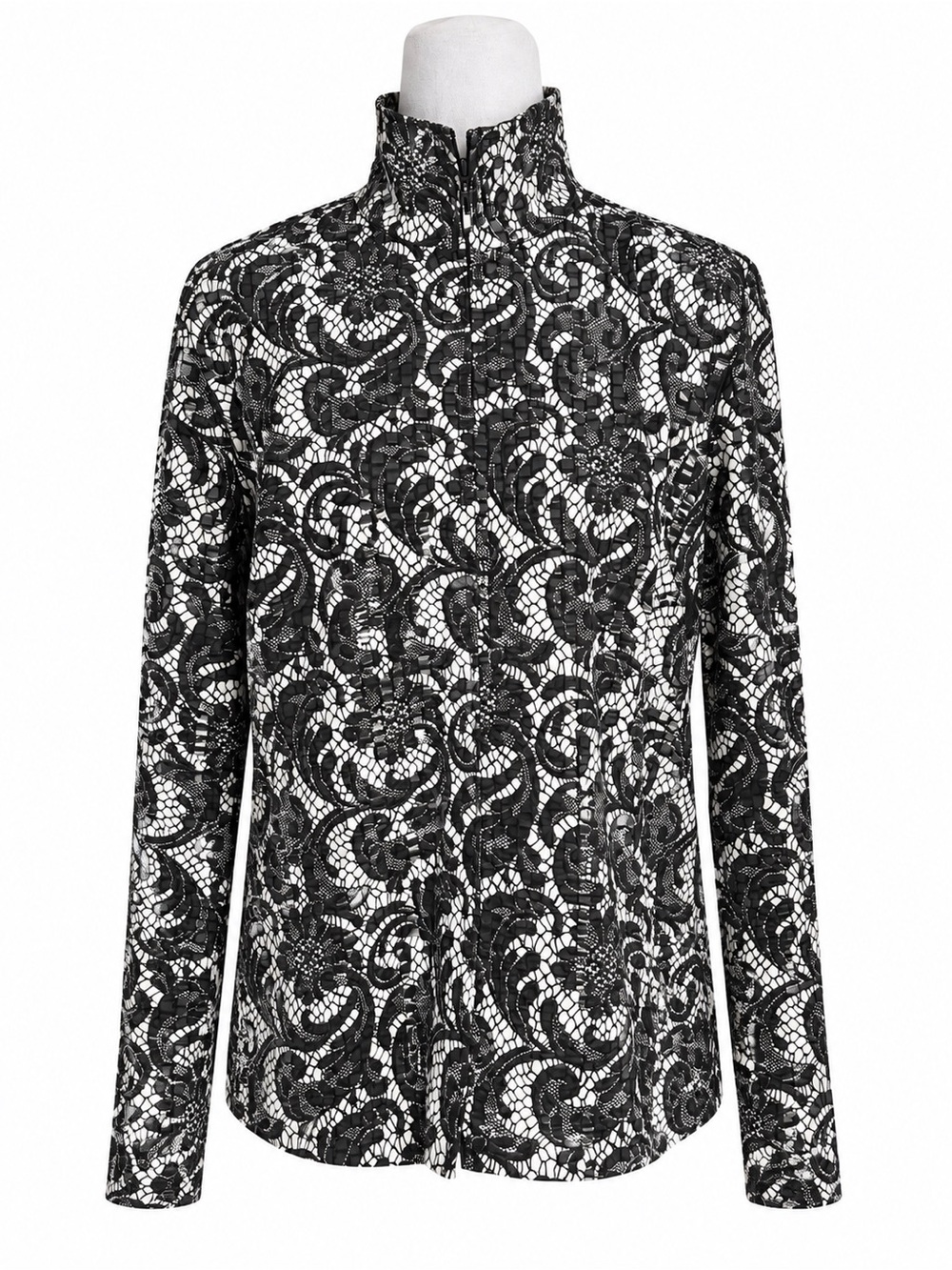 Laura Ashley Petite PL Black White Lace Print Beaded Zip Front Jacket Mock Neck